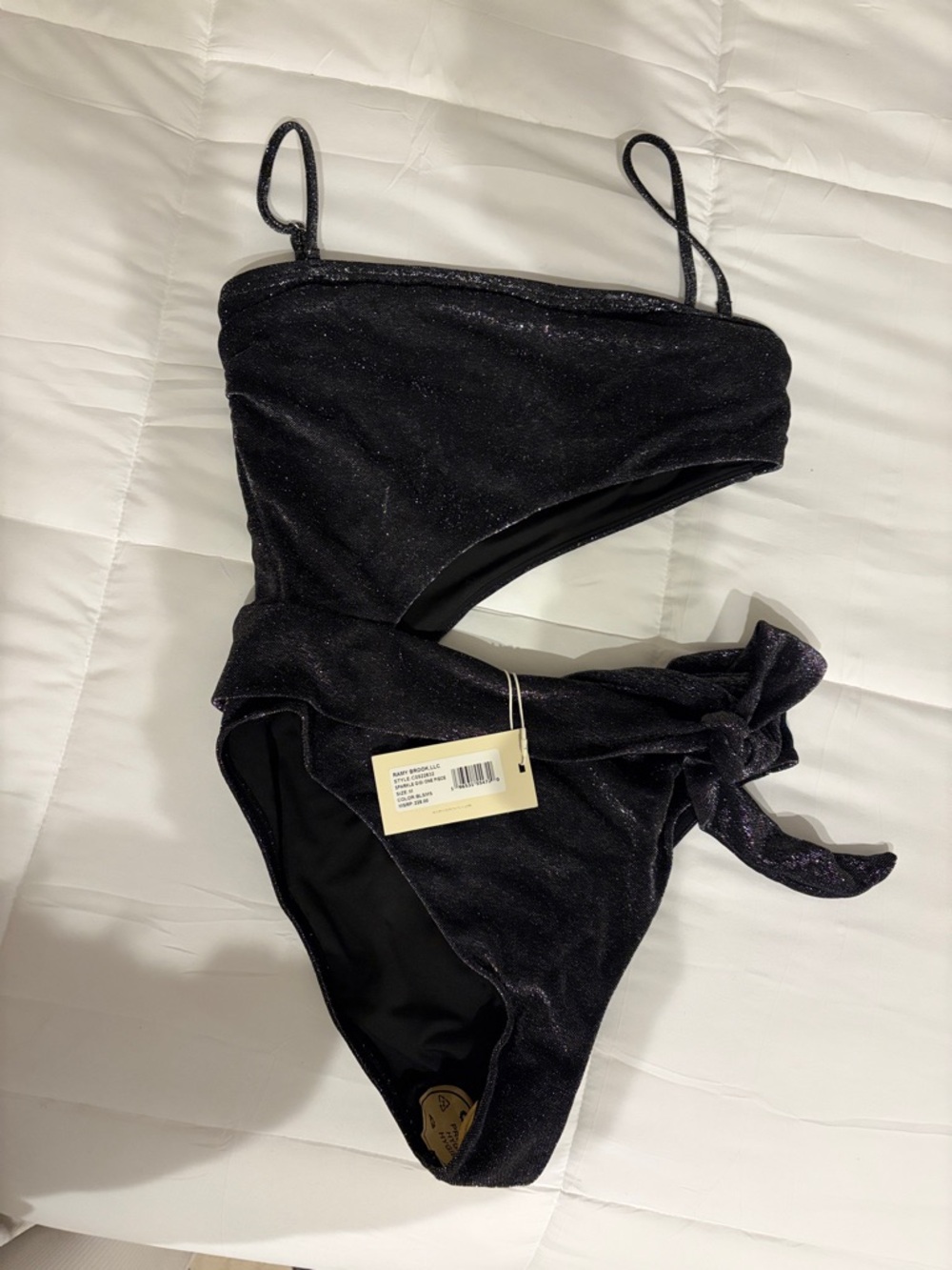 Ramy Brook Shimmery Black One-Shoulder Cutout Swimsuit with Side Tie
